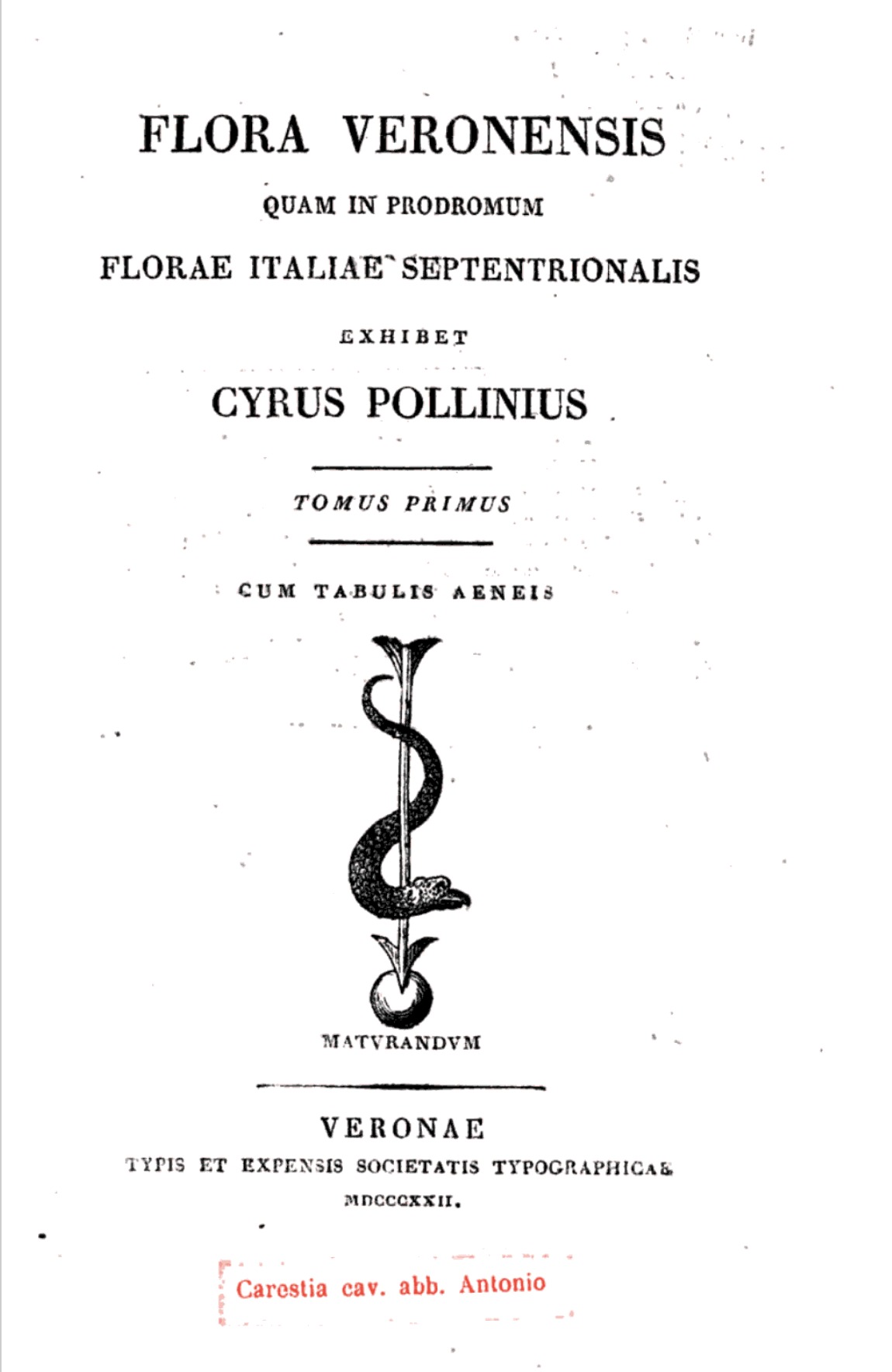 Frontespizio originale della Flora Veronensis di Ciro Pollini, tomo primo, Verona 1822